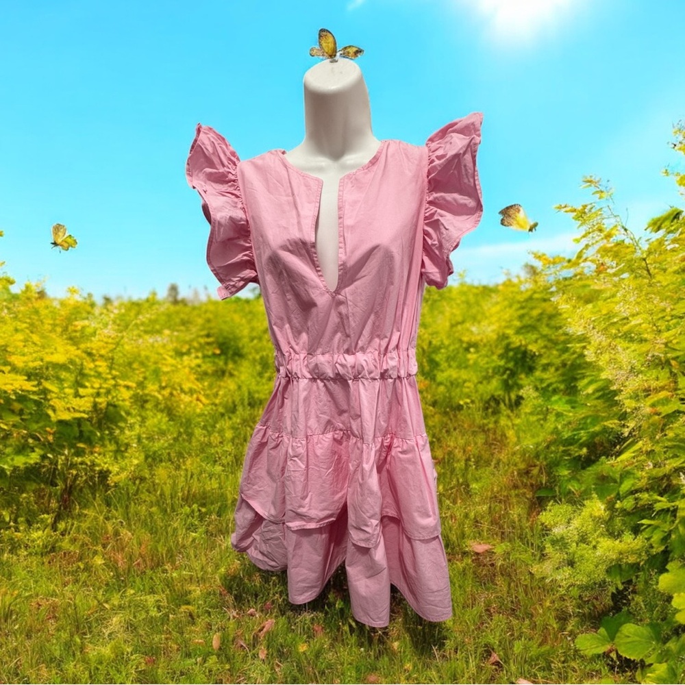 Pink Ruffled Mini cotton Dress size medium - Picture 2 of 6